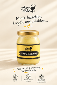Aşçı Anne Sade İlik Yağı kavanozu ve kullanım bilgilerini içeren poster