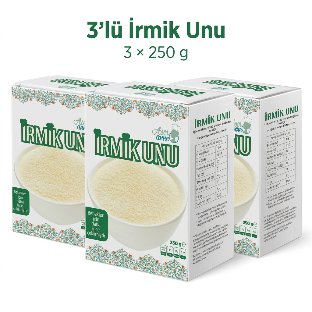 Aşçı Anne 3’lü İrmik Unu, beyaz fonda üç adet 250 gramlık kutu